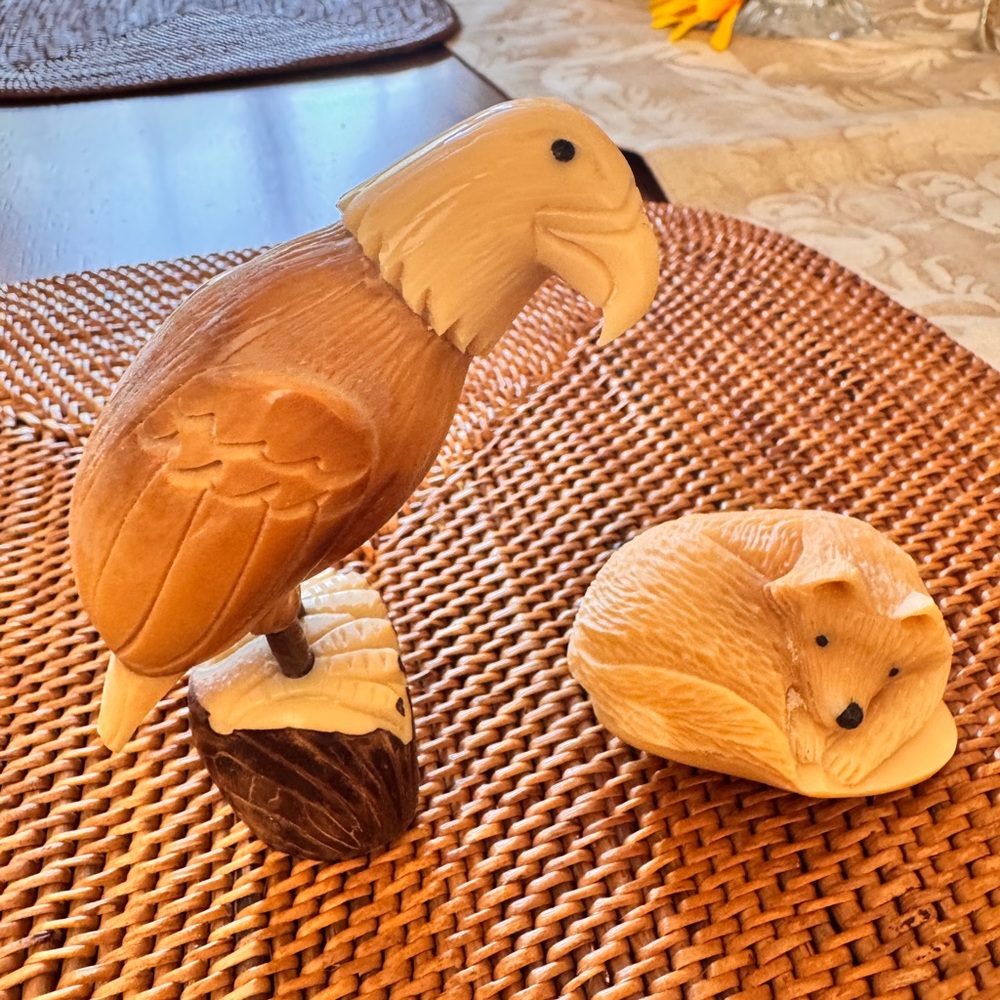 Tagua Nut Handcarved Eagle and Fox Figurines